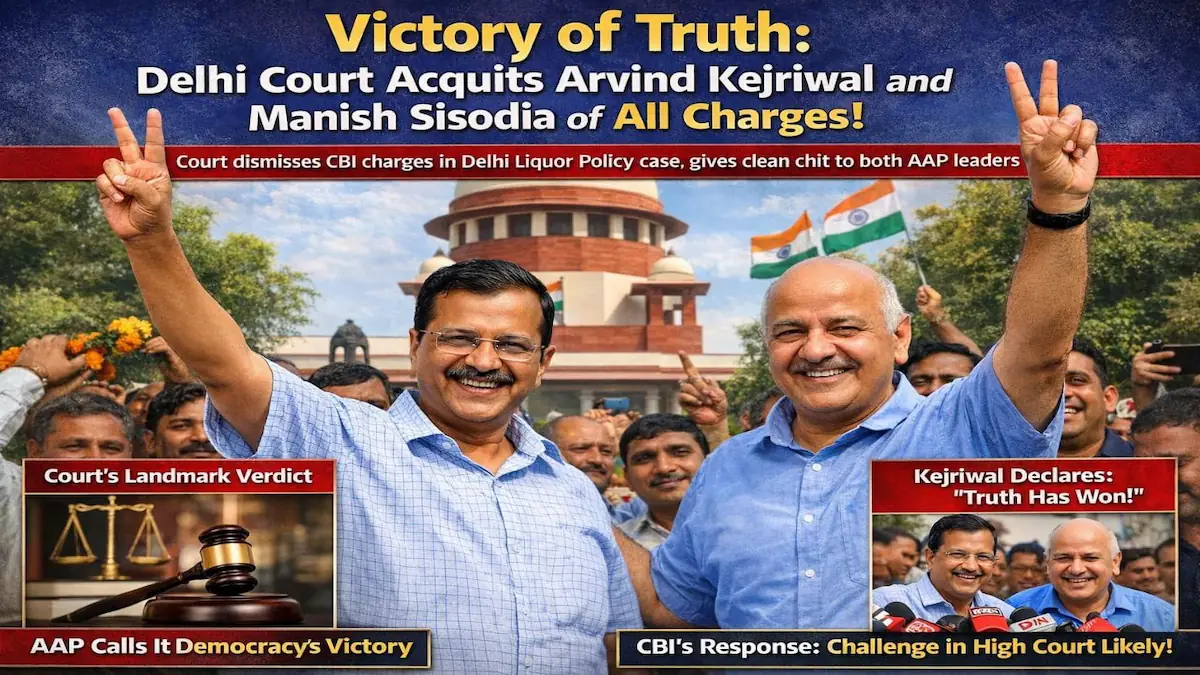Arvind Kejriwal and Manish Sisodia celebrating victory after Delhi Court Verdict 2026