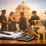 8th pay commission salary increase concept with indian government symbol rupee coins and employees