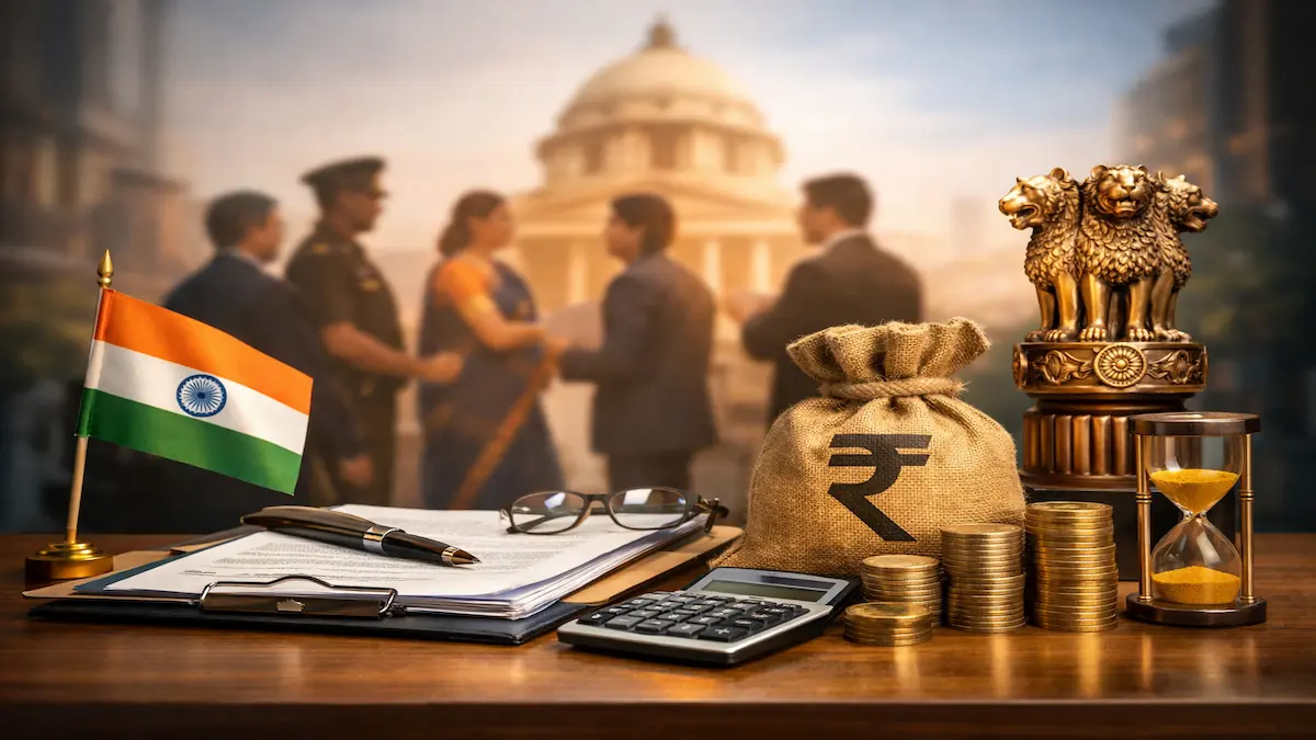 8th pay commission salary increase concept with indian government symbol rupee coins and employees