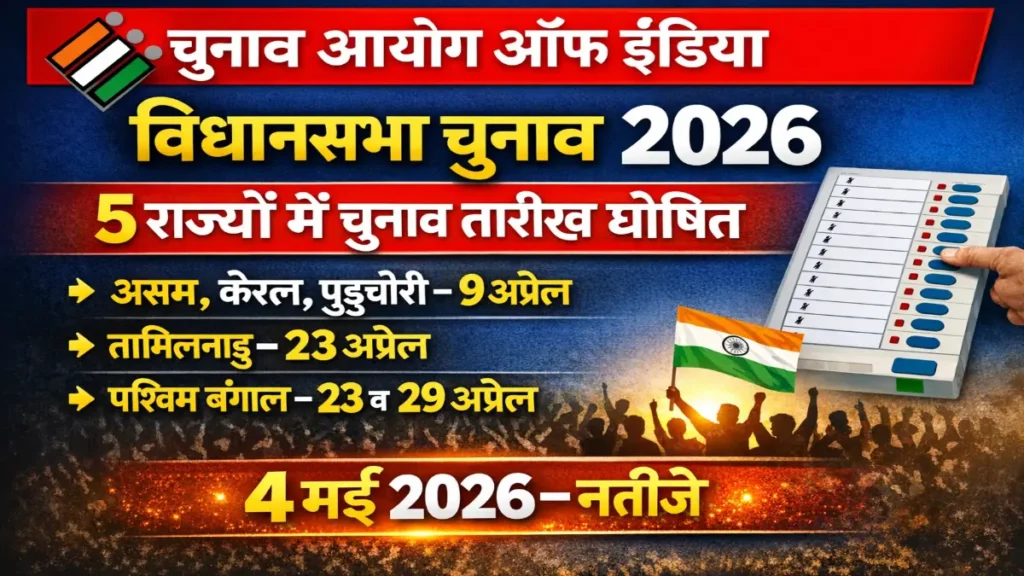 भारत निर्वाचन आयोग द्वारा घोषित 5 राज्यों (असम, केरल, तमिलनाडु, पश्चिम बंगाल, पुडुचेरी) के विधानसभा चुनाव 2026 की तारीखें और पूरा शेड्यूल।