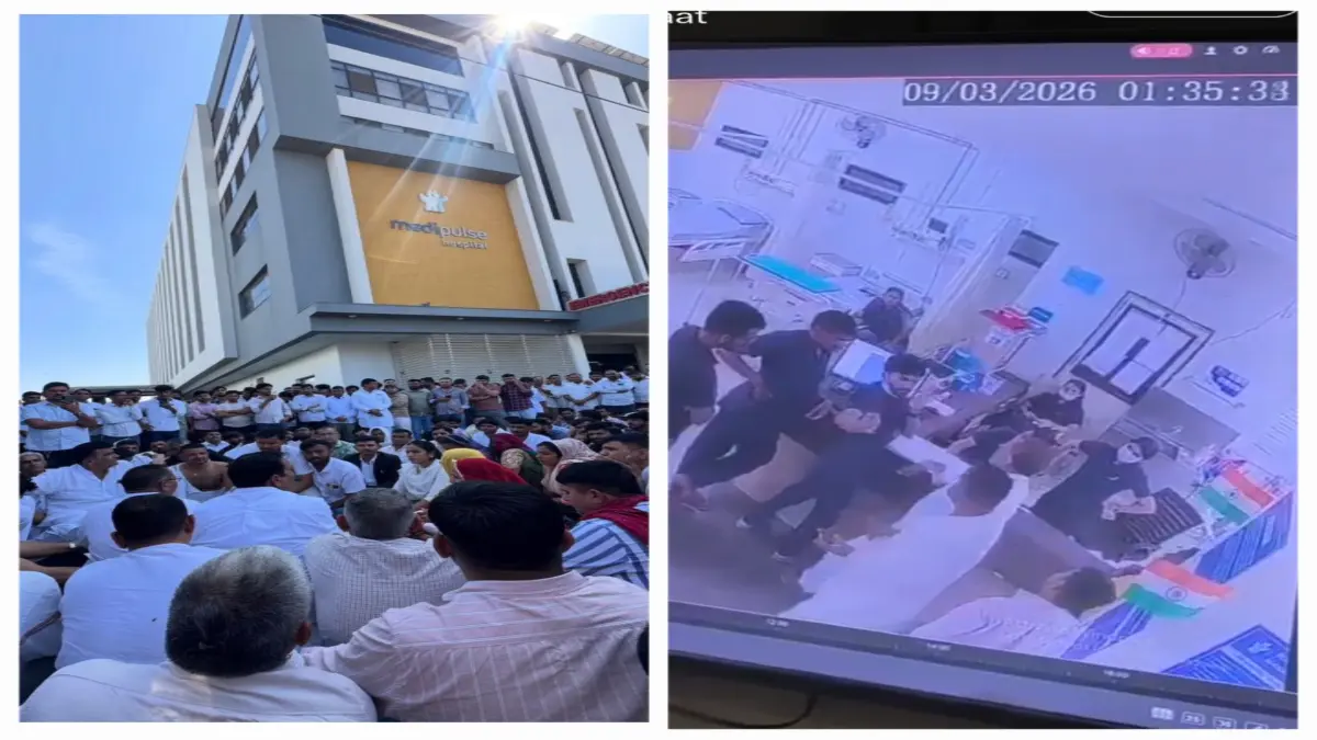 जोधपुर मेडीपल्स अस्पताल विवाद में बिश्नोई समाज का धरना (बाएं) और CCTV फुटेज में मारपीट की घटना (दाएं)
